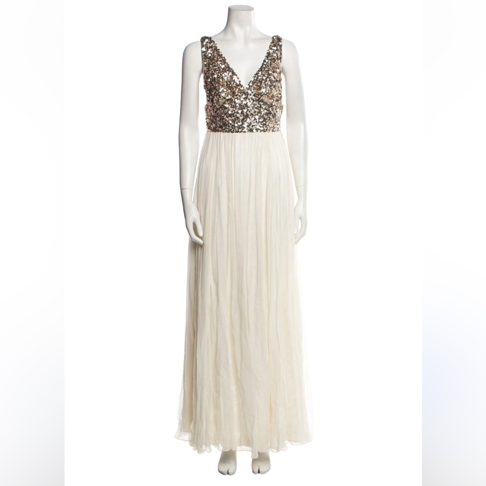 NWT Rachel Gilbert silk white sequin maxi gown dress, size US 0